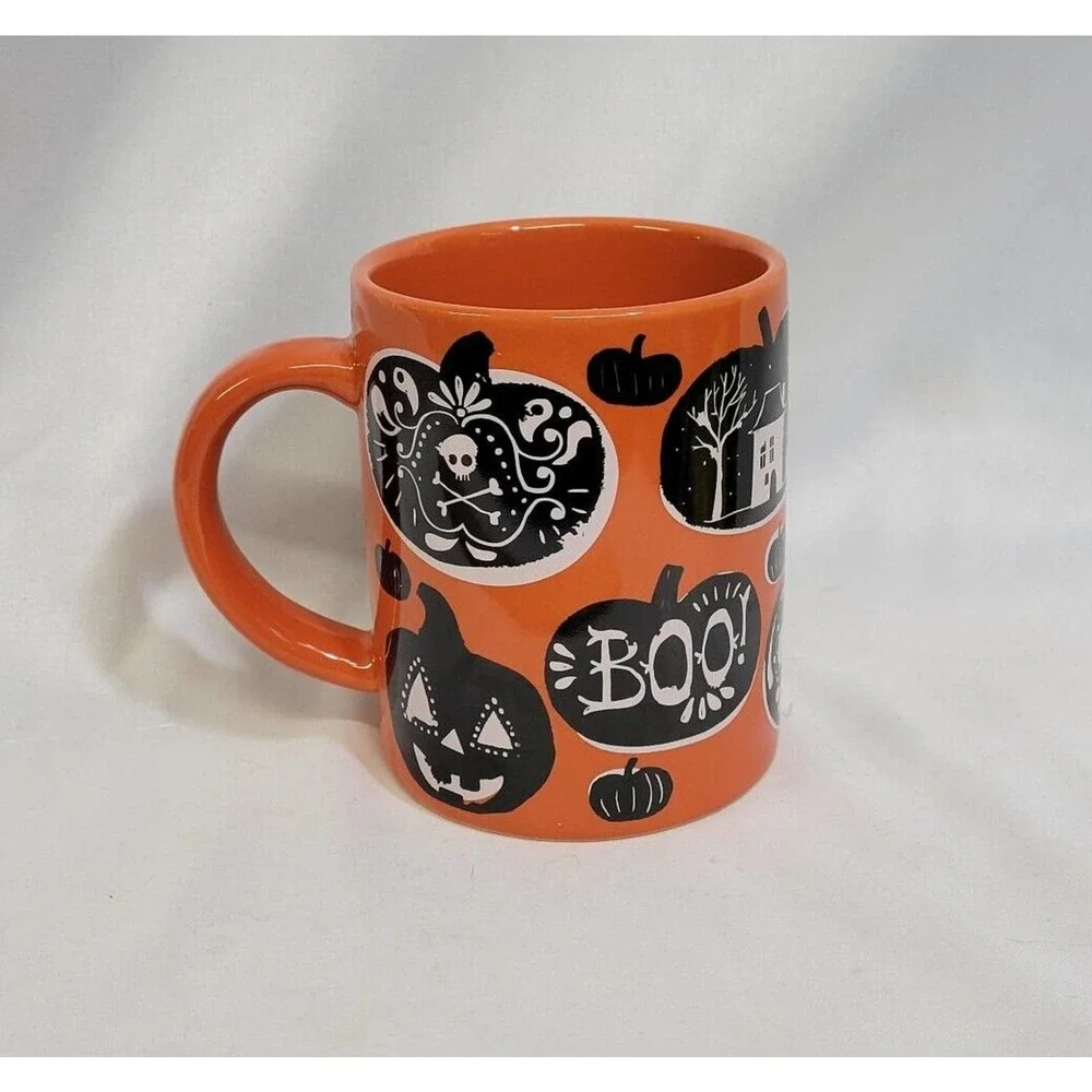 Crate & Barrel Orange Black Halloween Boo Jack-o-lanterns 14 oz Coffee Mug